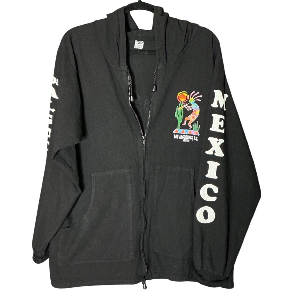 Vintage‎ Los Algodones Mexico Kokopelli Zip Up Hoodie Black Souvenir Jacket 42